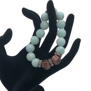 Jade Mint Green Stone Stretch Bracelet Brown Rhinestone Flower Logo Bead